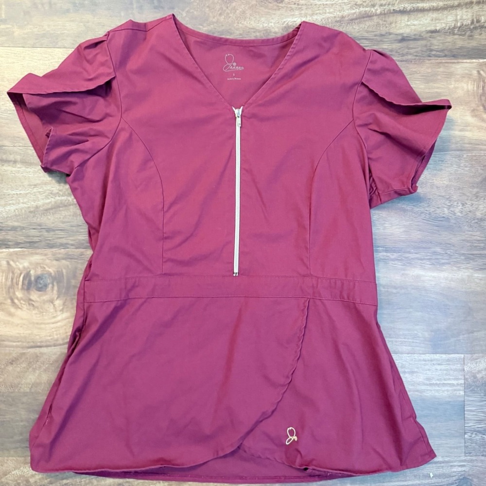 Jaanuu Womens Tulip Sleeve Zipper V-Neck Scrub Top Burgundy Wine Size L